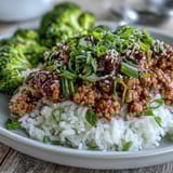 Savory Korean-Style Ground Turkey with chives and toasted sesame, perfect spooned over steamed rice for dinner.
