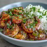Steam rises from a hearty serving of Classic New Orleans Étouffée, featuring a robust, chocolate-colored roux base loaded with fresh trinity vegetables and plump, succulent shrimp.