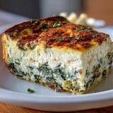 A close-up view of a slice of High Protein Spinach Artichoke Bake revealing creamy cottage cheese, feta, and vibrant green spinach and artichoke chunks.