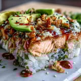 A scoop of creamy Spicy Salmon Sushi Bake served on crispy roasted seaweed snacks topped with fresh avocado slices.