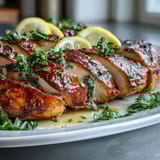 Juicy oven baked chicken breast sliced to reveal tender moist meat.