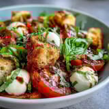 Crispy toasted bread cubes scattered over a vibrant Caprese Salad Bowl, featuring creamy mozzarella and fresh basil leaves.