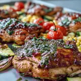 Sheet pan chicken with zucchini and corn, a colorful summer dinner with juicy chicken and roasted vegetables.  