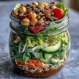 Colorful mason jar salads packed with quinoa, chickpeas, and crisp vegetables—perfect for quick lunches.