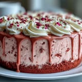 Luscious pink rosé velvet cake frosted with cream cheese, ready for a party.