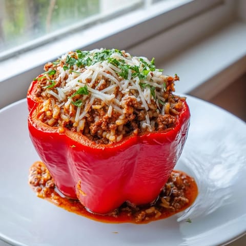 Vibrant red and yellow Stuffed Bell Peppers sit in tomato sauce, a comforting, cheesy baked meal.