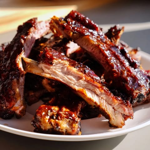 Close-up photo of juicy, slow-cooked BBQ ribs glistening with sweet and smoky BBQ sauce.