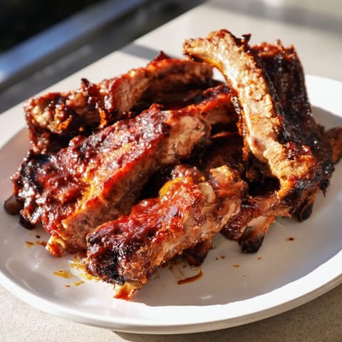 These incredibly tender BBQ ribs are served on a plate, ready for a backyard feast.