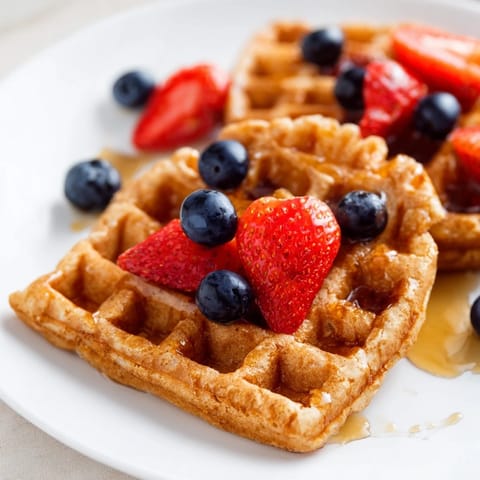 Fluffy, golden waffles, ready to be topped with fresh berries, dripping in syrup, for a delicious breakfast.