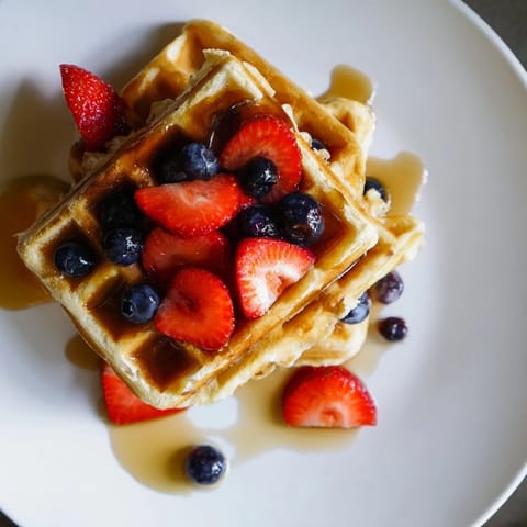 Crispy, beautifully cooked waffles piled high on a plate, smelling of warm vanilla and butter, perfect for brunch.
