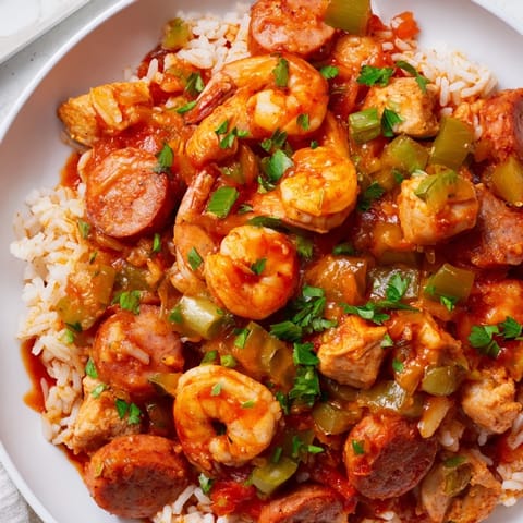 Steaming hot Jambalaya, a comforting Southern stew with sausage, shrimp, and rice.