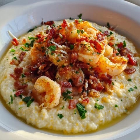 A close-up of savory shrimp and grits with bacon, ready to be enjoyed for dinner.