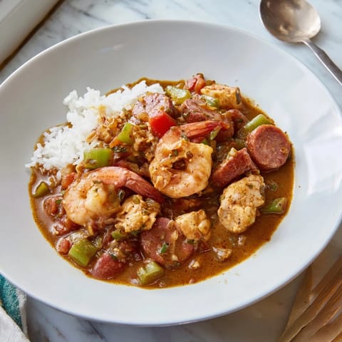 Hearty Louisiana gumbo featuring andouille sausage, chicken, and shrimp with tender vegetables and a flavorful broth.