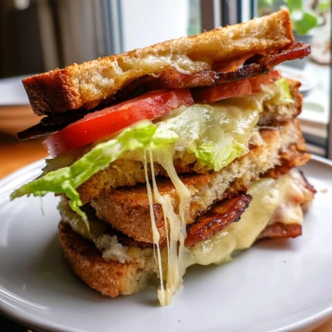 Fresh lettuce and ripe tomato slices peek from a crispy grilled Vegan Bacon BLT Grilled Cheese.