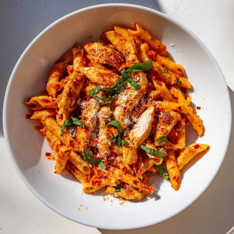 Spicy Tomato Chicken Pasta served hot, featuring juicy chicken and a vibrant chili-infused red sauce.