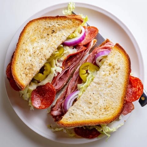 A close-up of a golden-brown Italian Sub Grilled Cheese sandwich, sliced to reveal layers of melted provolone, salami, and pepperoni, topped with a tangy shredded lettuce mixture.  
