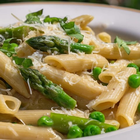 Freshly cooked penne pasta tossed with bright green asparagus, peas, and green beans in a creamy garlic Parmesan sauce, garnished with herbs.