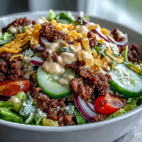 A close-up of Easy Big Mac in a Bowl featuring seasoned ground beef, crisp romaine, and diced pickles.