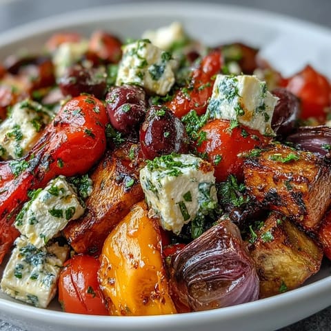 A close-up of Roasted Greek Salad features caramelized peppers, onions, and tomatoes mixed with cucumbers, olives, and feta, drizzled with a zesty lemon-oregano vinaigrette for a warm Mediterranean meal.