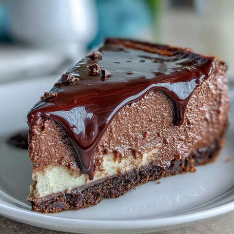 A slice of Lighter Chocolate Cottage Cheese Cheesecake sits on a white plate, topped with a dollop of Greek yogurt and fresh raspberries.  