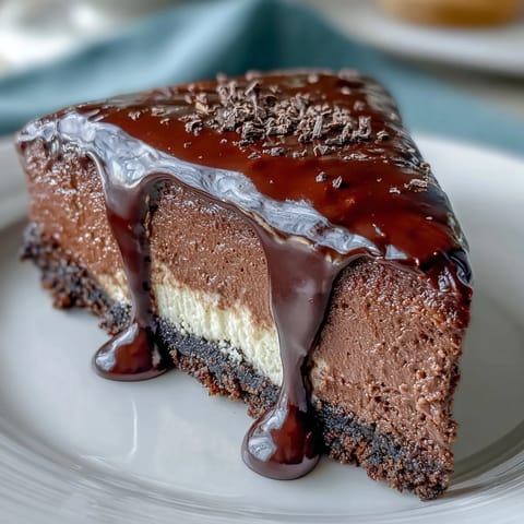 Dark chocolate shavings garnish this creamy Lighter Chocolate Cottage Cheese Cheesecake, showcasing its smooth, rich texture against a dark background.  