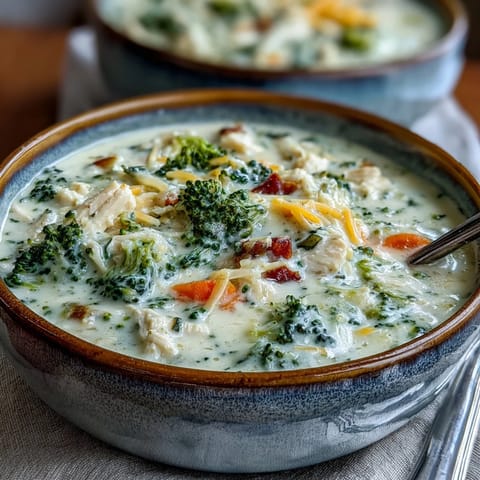 Cozy serving of Chicken Broccoli Cheddar Soup in a rustic mug, garnished with fresh herbs and black pepper, paired with crusty bread.
