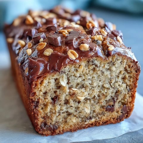Freshly baked loaf of Chocolate Chip Peanut Butter Oatmeal Banana Bread on a rustic wooden board, topped with chopped peanuts and ripe bananas.  