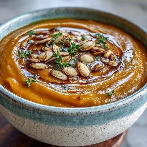 Creamy butternut squash soup in a rustic bowl garnished with toasted pumpkin seeds and fresh thyme, served warm.