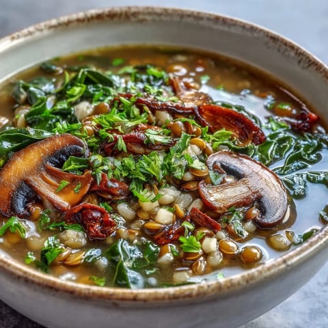 Ladle of hearty Double Lentil and Mushroom Barley Soup with vibrant carrots and thyme steam.