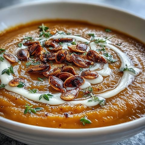 Creamy Roasted Butternut Squash Soup garnished with pumpkin seeds served warm in a rustic mug.