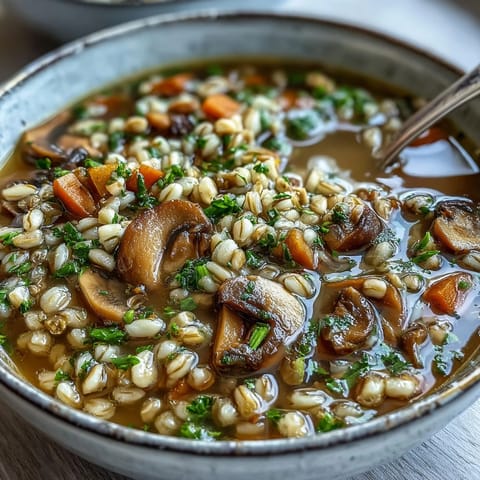 A pot of simmering Mushroom Barley Soup with chunky carrots, celery, and sliced mushrooms, ready to serve with rye bread.