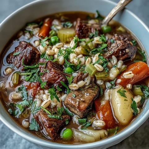 Beef and Barley Soup simmering in a pot, featuring rich broth, pearl barley, and savory herbs for a comforting meal.
