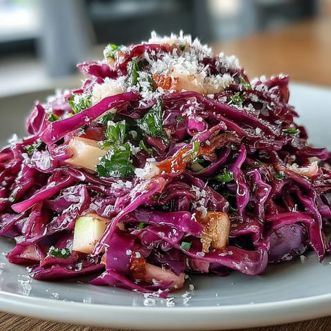 Shredded red cabbage and green apple tossed with Parmesan and a tangy vinaigrette on a rustic platter.