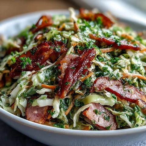 A close-up view of the German Cabbage Coleslaw With Shredded Ham, featuring crisp shredded carrots and fresh parsley garnish ready to serve alongside grilled bratwurst.