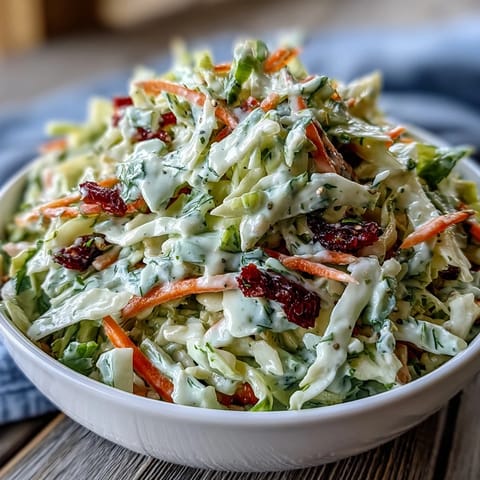Freshly shredded green and red cabbage tossed with carrots in a creamy Coleslaw With Creamy Dressing, served chilled in a white bowl.