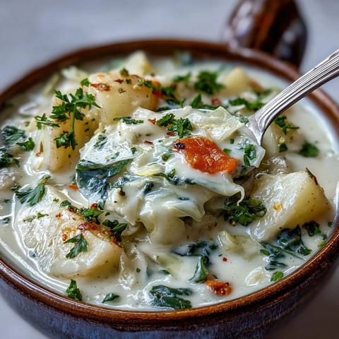 Velvety Creamy Potato Soup with Cabbage ladled from a Dutch oven, showcasing tender potatoes and shredded green cabbage in a rich, buttery broth.