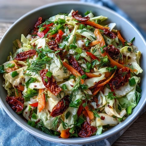 Bright red cabbage and green cabbage salad topped with sweet sun-dried tomatoes, fresh dill, and chives.