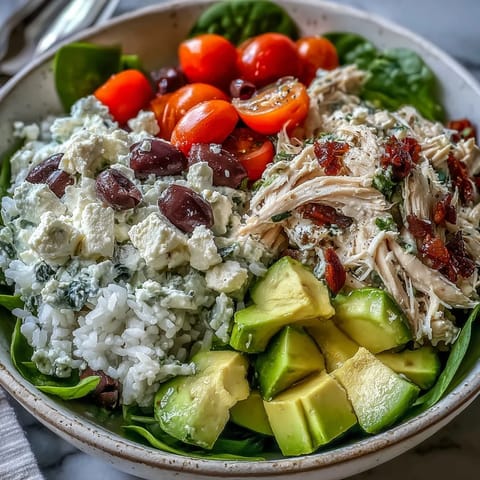 Bright Mediterranean Tzatziki Chicken Salad featuring juicy cherry tomatoes, tangy feta, and briny Kalamata olives, perfect for a light gluten-free dinner.