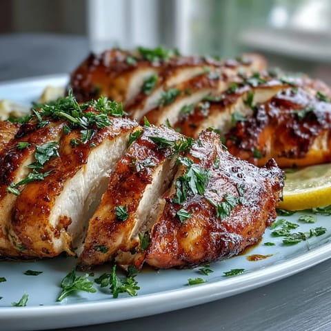 Perfectly seasoned oven baked chicken breast with golden crust garnished with lemon.