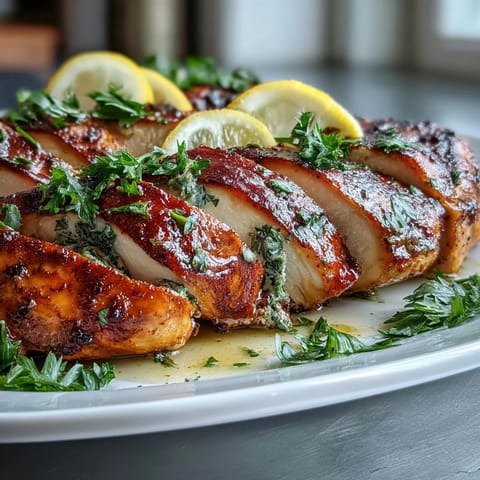 Juicy oven baked chicken breast sliced to reveal tender moist meat.