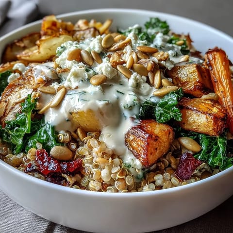 Golden roasted root vegetables and sautéed kale arranged over warm farro, topped with creamy tahini dressing for a nourishing Hearty Winter Grain Bowl.