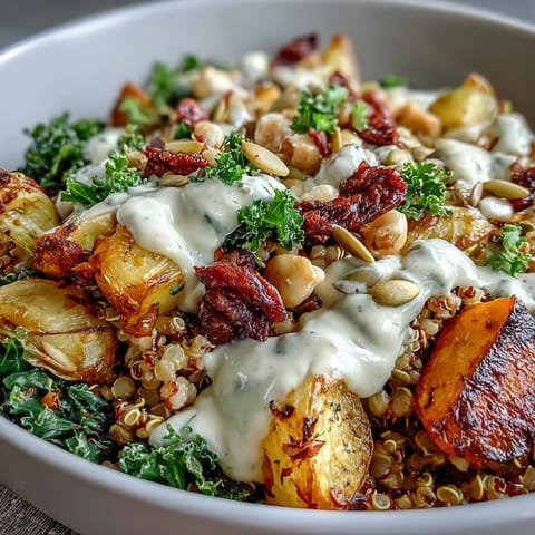 A close-up of the Hearty Winter Grain Bowl showing fluffy quinoa, vibrant greens, and maple Dijon tahini drizzle with toasted pumpkin seeds.