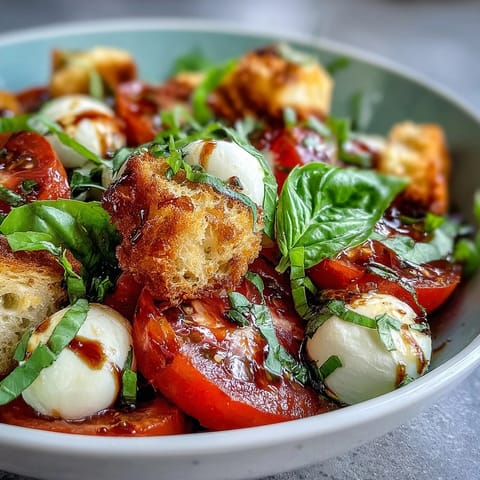 Crispy toasted bread cubes scattered over a vibrant Caprese Salad Bowl, featuring creamy mozzarella and fresh basil leaves.