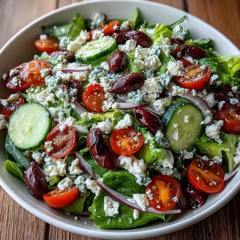 Fresh Mediterranean Green Salad Bowl with spring mix, tomatoes, and cucumbers topped with creamy feta.