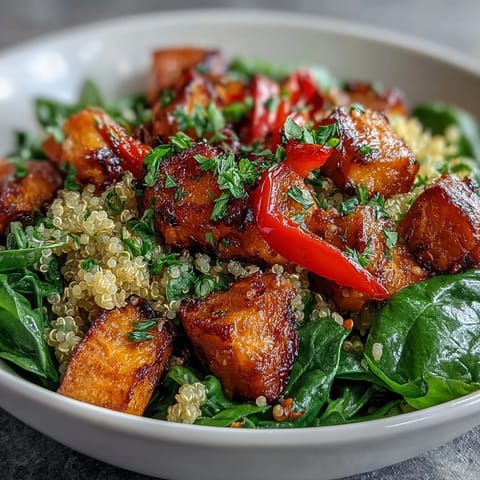 Roasted sweet potato, red pepper, and zucchini rest over fluffy quinoa with wilted spinach in a warm salad bowl, drizzled with golden vinaigrette.