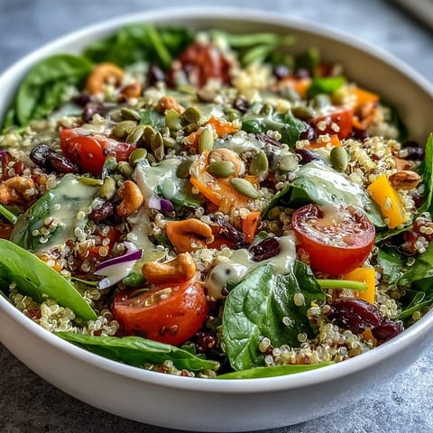 Vibrant Rainbow Salad Bowl filled with cherry tomatoes, purple cabbage, carrots, and quinoa, ready to serve.
