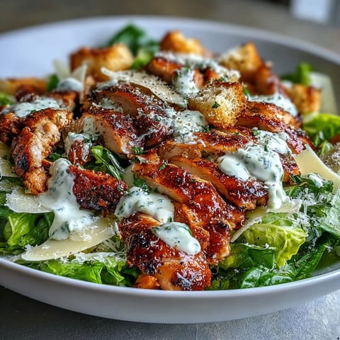 Juicy grilled chicken slices rest on crisp romaine lettuce with Caesar dressing and crunchy croutons in this Caesar Chicken Bowl.