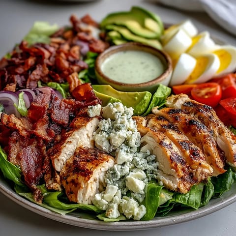 Classic Cobb Salad Bowl with grilled chicken, crispy bacon, creamy avocado, and blue cheese, topped with hard-boiled eggs and a drizzle of ranch dressing.