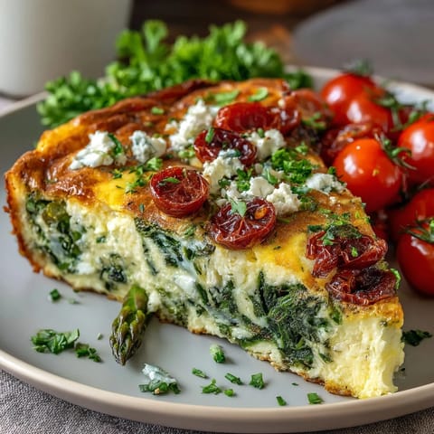 Golden Spring Veggie Frittata with asparagus and creamy goat cheese, baked to perfection in an oven-safe skillet for a light and satisfying brunch.  