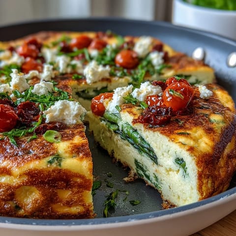 Fluffy egg frittata loaded with tender asparagus, zucchini, and spinach, topped with crumbled goat cheese and fresh herbs for vibrant spring flavor.  